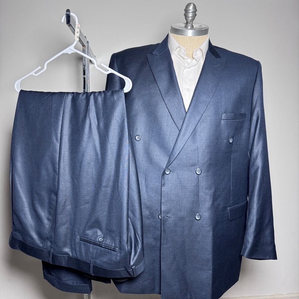 Vitali Double Breasted Suit Mens 54R 48W Navy Blue Solid Peak Lapel Formal